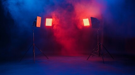 studio with subtle red and orange bokeh lights on a deep blue-black background generative ai