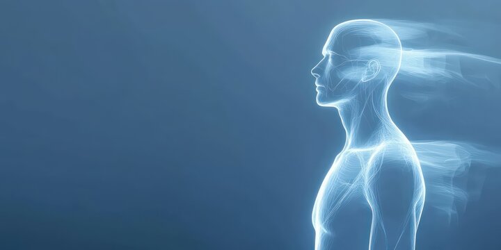 An abstract body outline in soft blue tones, symbolizing human form and health.