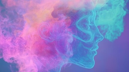 Obraz premium Dreamlike portrait of a woman's face, rendered in vibrant pink and teal hues, enveloped in ethereal smoke.