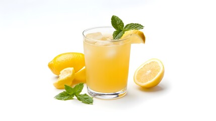 Fototapeta premium A Glass of Cold Lemonade with Fresh Mint and Lemon Slices