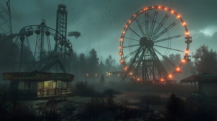 an abandoned amusement park at night