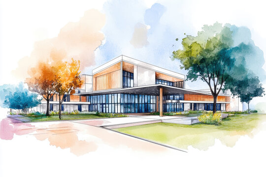 A modern architectural design featuring large glass windows and vibrant landscaping.