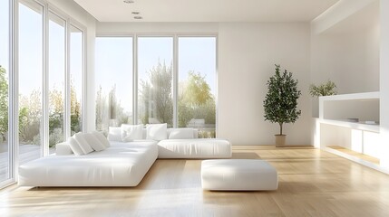 Fototapeta premium Minimalist Living Room Design with Sleek White Furniture and Light