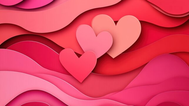 A visually appealing abstract paper cutout featuring layered red and pink hearts. Perfect for conveying love, romance, and creativity in design.
