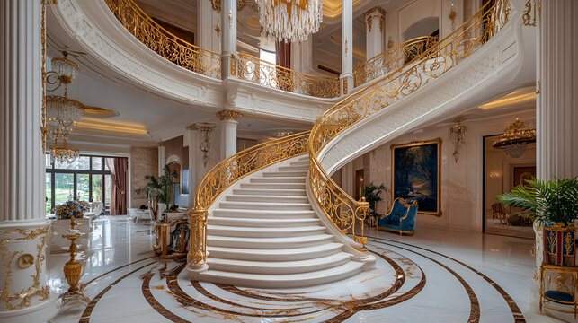 Grand Staircase of Luxury:  A breathtaking view of a grand, marble staircase with ornate gold railing ascends towards a luxurious chandelier in a palatial interior.