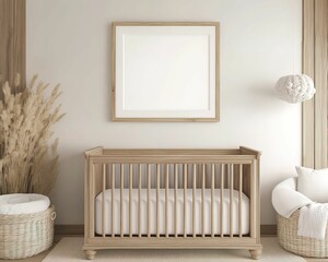 Rustic barn-themed baby room design cozy atmosphere framed mockup serene environment minimalist viewpoint