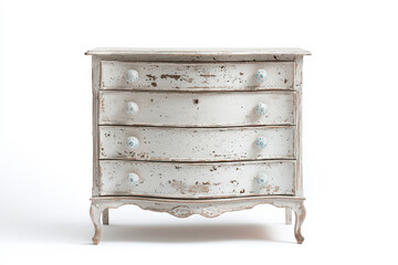 Vintage wooden dresser with four drawers, featuring a distressed white finish and ornate legs.