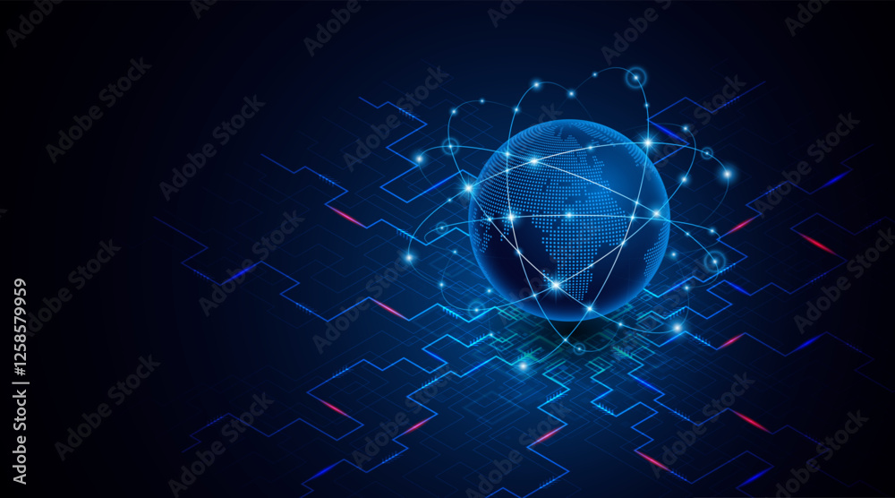 Poster Global connection network background. World map. High-speed internet technology concept or fast wireless data transmission. modern internet network connection technology background	