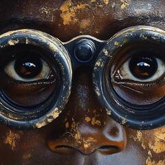 A close-up portrait of a child wearing vintage goggles, showcasing deep, expressive eyes. The image captures curiosity and innocence against a beautifully textured background.