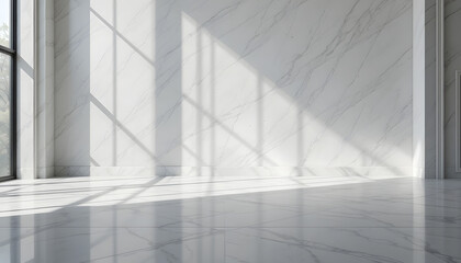 Obraz premium Bright White Marble Room Interior with Sunlight and Shadows