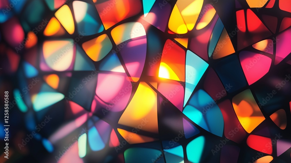 Poster a digital interpretation of stained glass with colorful geometric shards glowing softly