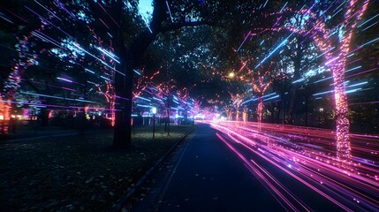 Obraz premium Vibrant Night City Street With Light Trails