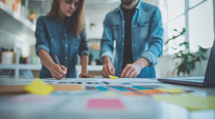 Fototapeta premium young individuals working on a project, with hands writing and sticky notes scattered, is ideal for promoting project management and business services.