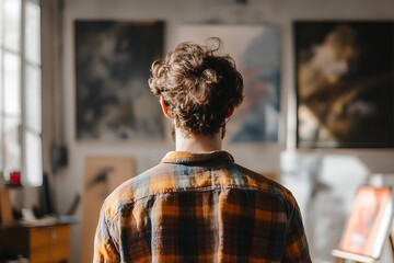 Fototapeta premium Generative AI depiction of a focused artist painting a vibrant canvas in a creative studio