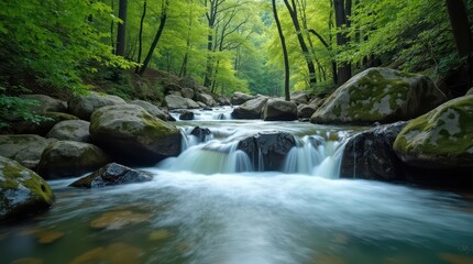Obraz premium Waterfall on mountain river in the forest