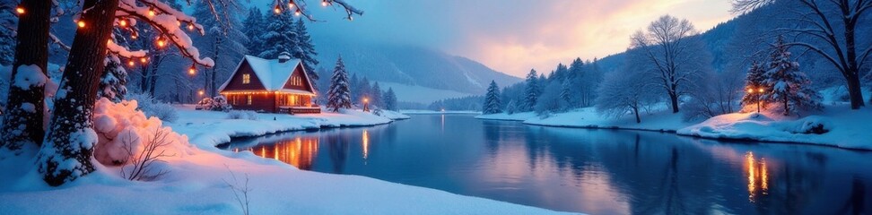 Winter wonderland scene with Christmas decorations and frozen lake, snow, ice