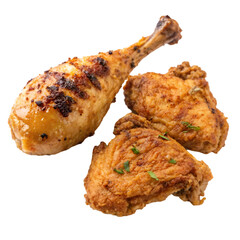Grilled chicken legs with spices and garlic in closeup isolated on white background