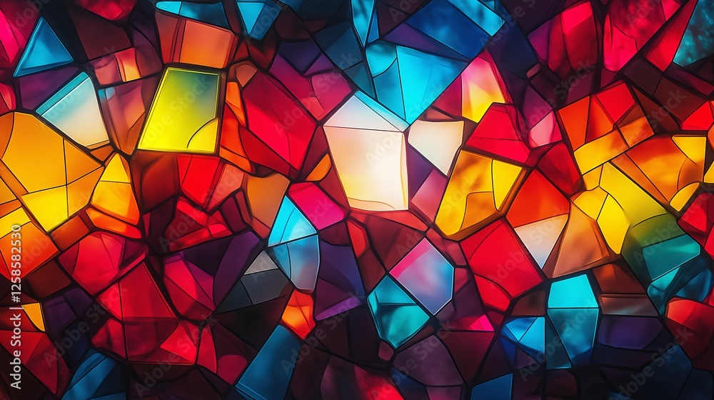 Poster a digital interpretation of stained glass with colorful geometric shards glowing softly