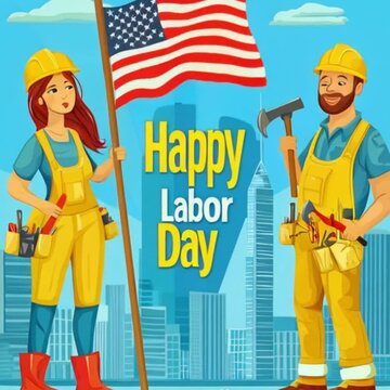 Happy Labor Day vector illustration with workers and buildings in the background. Minimal flat cartoon style. Vector illustration, highly detailed, flat design, colorful. The text "Happy Labor Day" i
