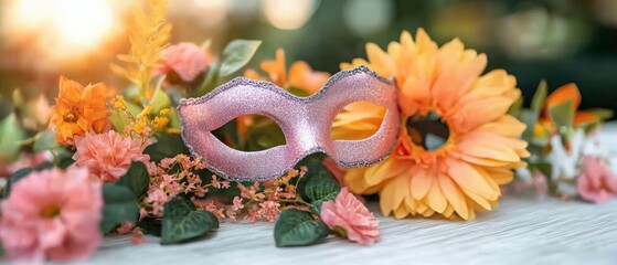 Pink Glitter Masquerade Mask Resting on Soft Orange and Pink Flowers