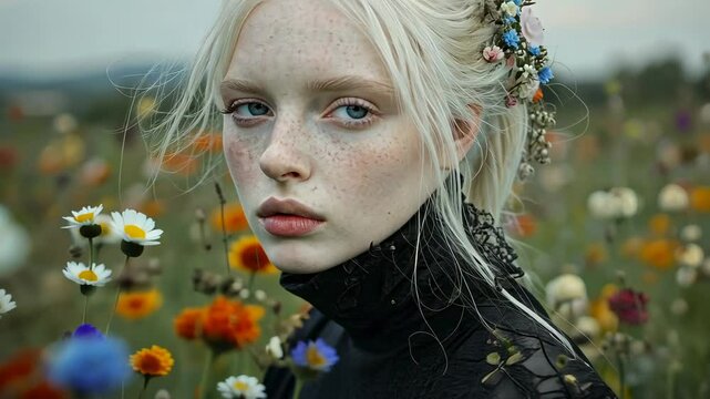 Ethereal woman with albinism in a black lace dress, holding a wildflower bouquet. A visual narrative on nature, individuality, and the resurgence of dark romanticism in modern culture.