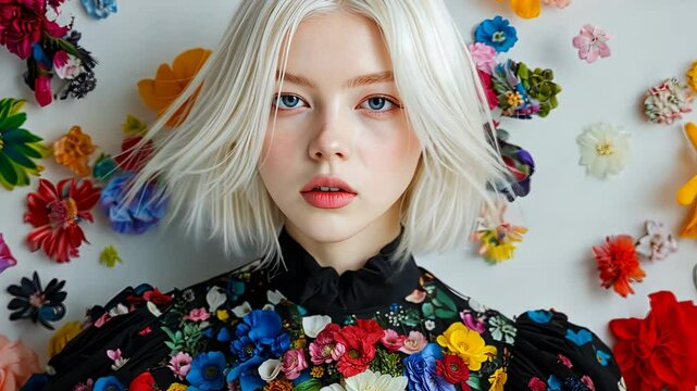 Avant-garde woman with platinum hair wearing a floral-embellished dress against a vibrant flower-adorned background. fashion innovation, artistic self-expression, and biophilic design trends.