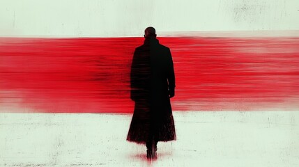 A mysterious figure in a long coat walks away from a vibrant red background. The image is moody and evocative, with a blend of dark and bright colors.