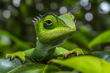 Fototapeta premium A bright green chameleon resting on a leafy branch, its eyes scanning the surroundings, set against a blurred tropical forest backdrop