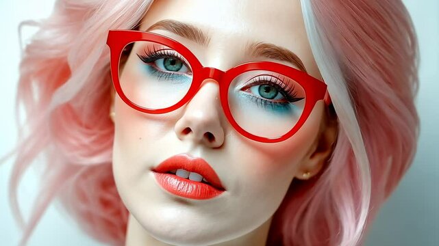 Futuristic woman with pastel pink hair and red glasses, lying on a soft surface. Exploring AI beauty trends, digital aesthetics, and hyperreal femininity