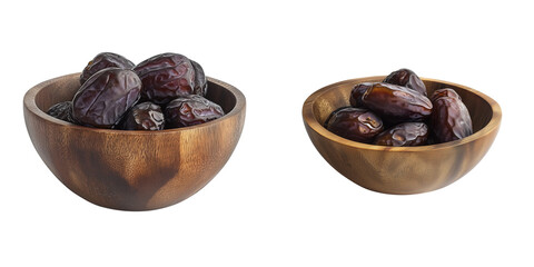 Fresh and Dark Dates in Wooden Bowls on Transparent Background