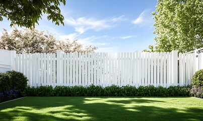 Fototapeta premium A White wooden garden fence in the backyard and lawn.,