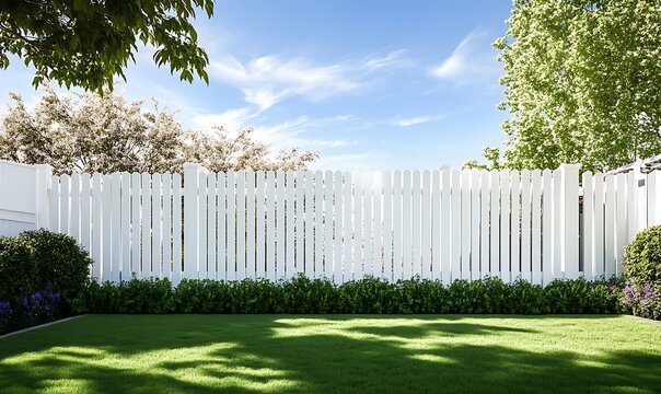 A White wooden garden fence in the backyard and lawn.,