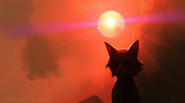 Silhouette of cat against bright, glowing sunset.

