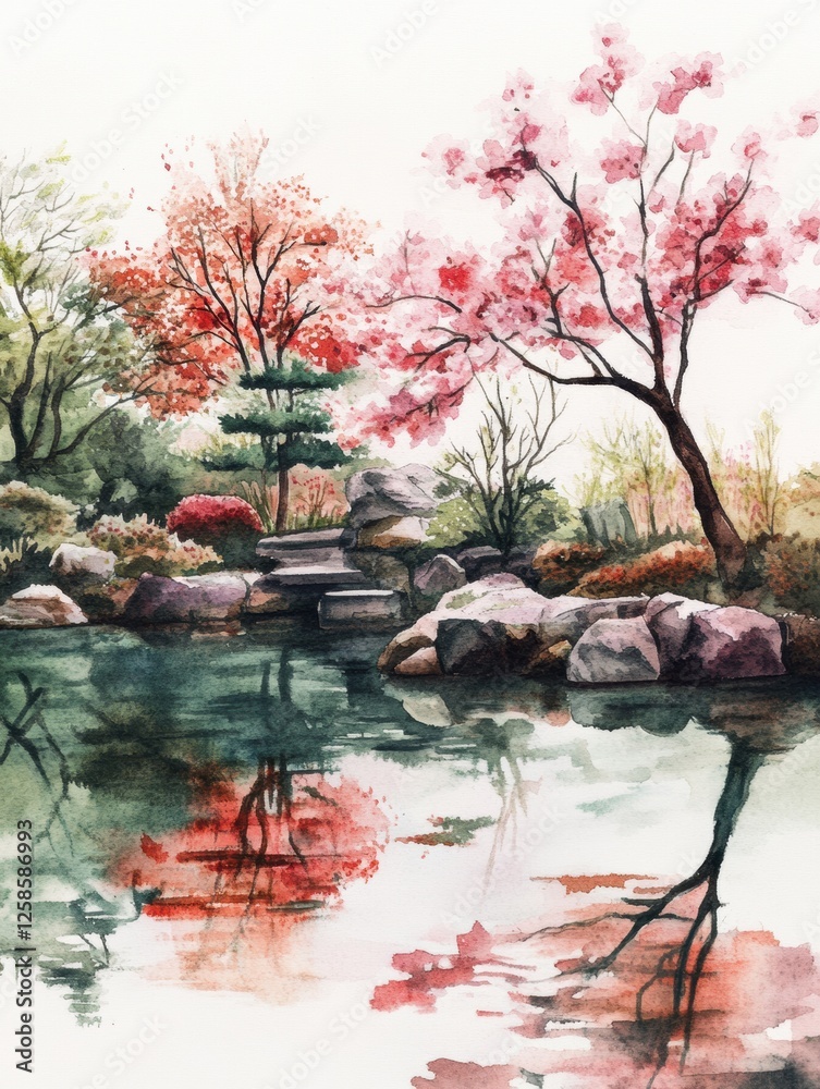 Aufkleber Beautiful spring landscape with cherry blossom trees and tranquil pond reflecting vibrant colors in a serene park setting. Generative AI