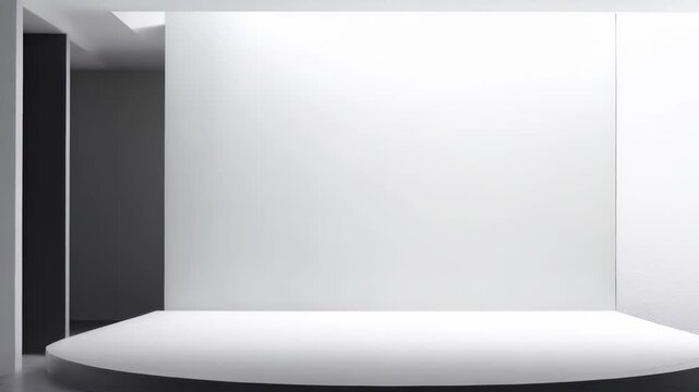 Minimalist rotating white platform in modern studio with dynamic lighting