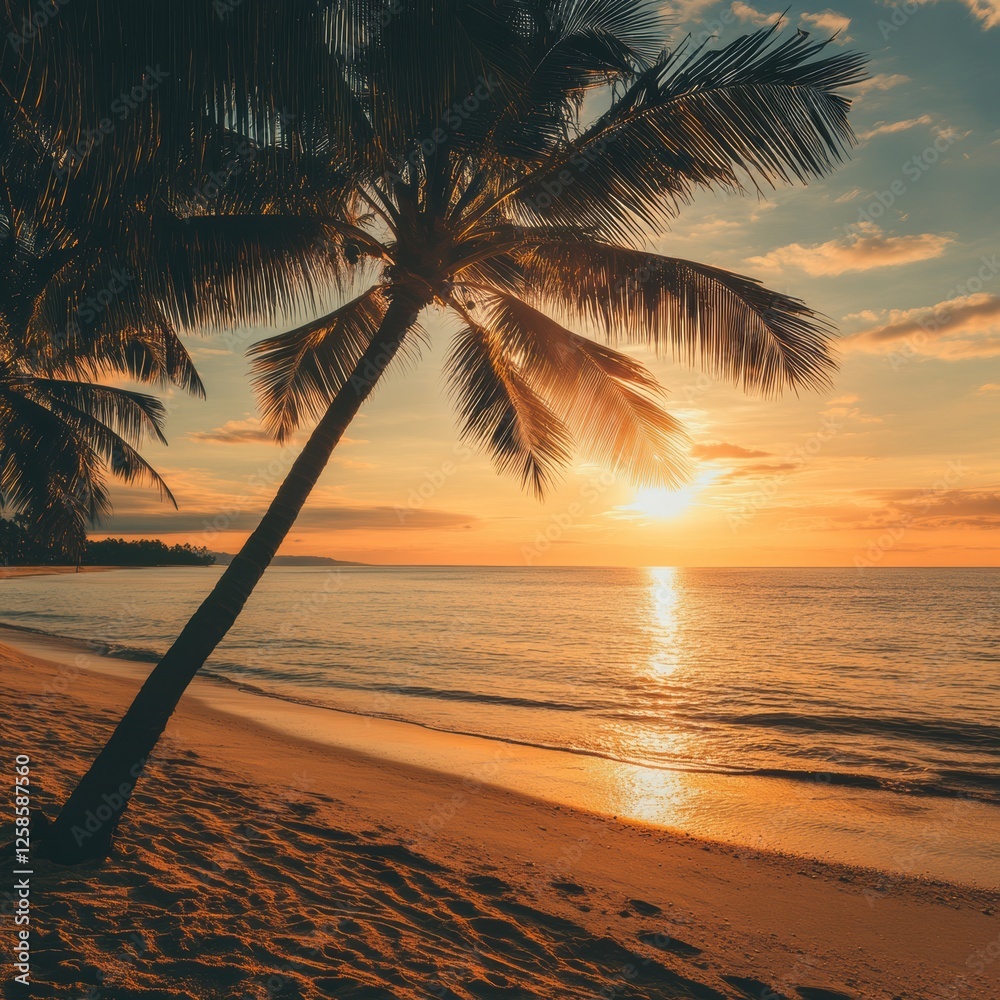 Aufkleber sunset over beach with palm trees in tropical paradise by the ocean in a serene evening atmosphere. 