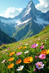 Fototapeta premium Alpine meadow with Lomelosia caucasica flowers, snow-capped mountains, mountain meadow