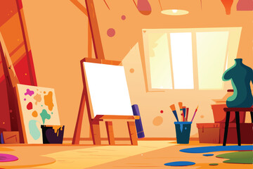 A vibrant artist's studio brimming with paint splatters, scattered brushes, and canvases showcasing colorful, expressive artwork.