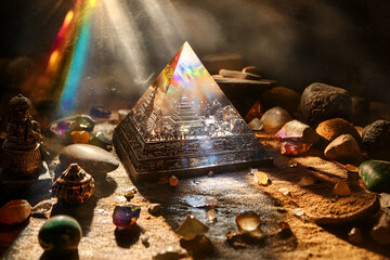 Orgone Pyramid Energy: A mystical orgone pyramid glows with ethereal light, surrounded by crystals, stones, and spiritual artifacts, creating an aura of spiritual energy and ancient wisdom.