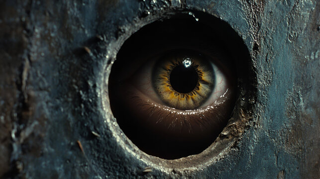 Eye in the Hole: A single, intense eye peers through a roughly hewn hole in dark, weathered wood, creating a mysterious and suspenseful image.  The intense gaze draws the viewer in.
