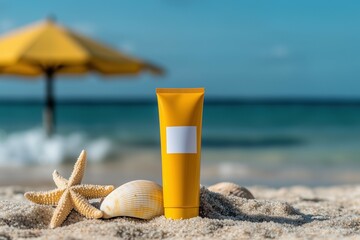 Sunscreen bottle on tropical beach with seashells and starfish in summer