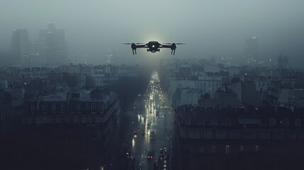 Naklejka premium Drone Flight Over Foggy City at Night