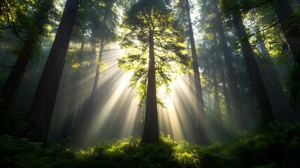Obraz premium Sunbeams Illuminate Tall Trees in a Misty Forest