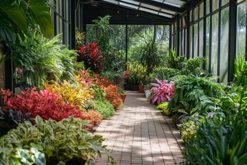 Brick path extending through a variety of vibrant plants inside a greenhouse, creating a tranquil botanical garden scene