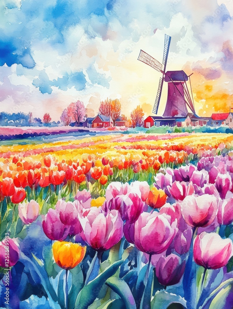 Poster vibrant tulip fields with a windmill during spring in a colorful watercolor illustration. generative