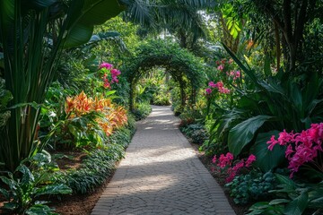 Fototapeta premium Scenic pathway winding through a vibrant tropical garden, adorned with colorful flowers and lush foliage