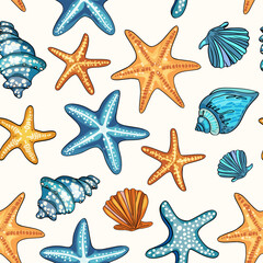 Marine pattern. Fish, anchor, octopuses, sharks, whales. Vector seamless pattern with decorative sea elements. Vintage background