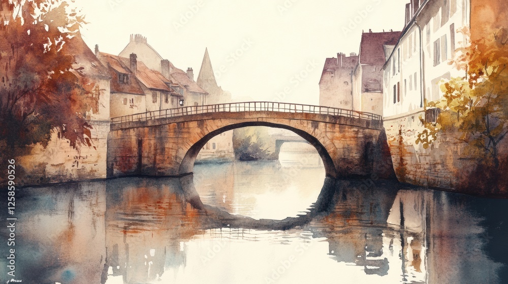 Poster soft watercolor illustration of a serene stone bridge and reflections at a tranquil river in an old 