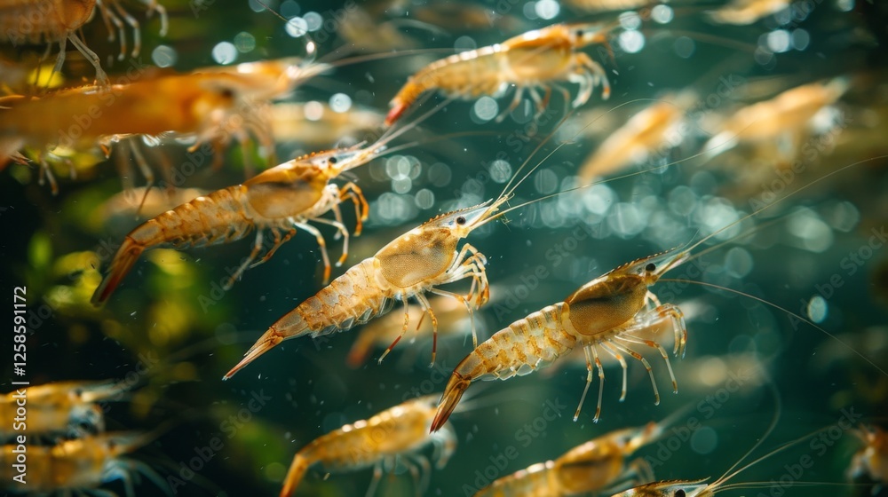 Aufkleber Clusters of shrimp move dynamically through clear water, revealing their translucent bodies and delicate features while light filters through from above.