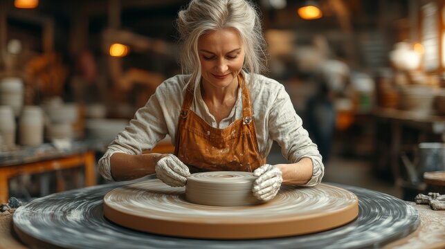 Potter shaping clay on pottery wheel in workshop